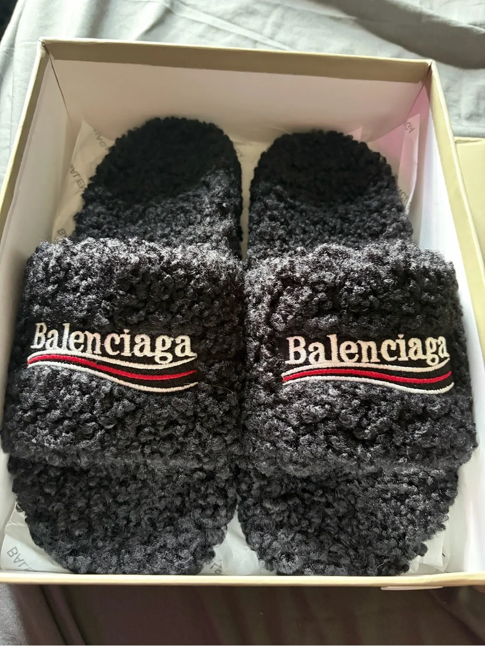 Balenciaga Black Shearling Logo Slide Slippers with Red Accent